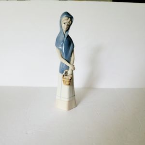 Porcelain figurine lady carrying basket blue off white